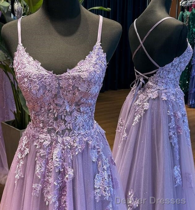 Straps Violet Purple Prom Dresses Lace Tulle Long A-Line Dress