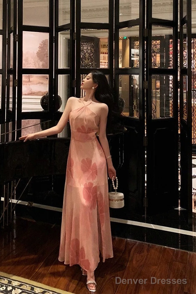 Stunning A Line Halter Sleeveless Pink Floral Date Night Dress Prom Dresses Birthday Party Outfit