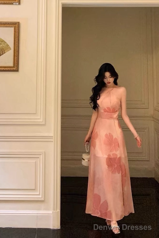 Stunning A Line Halter Sleeveless Pink Floral Date Night Dress Prom Dresses Birthday Party Outfit Main image