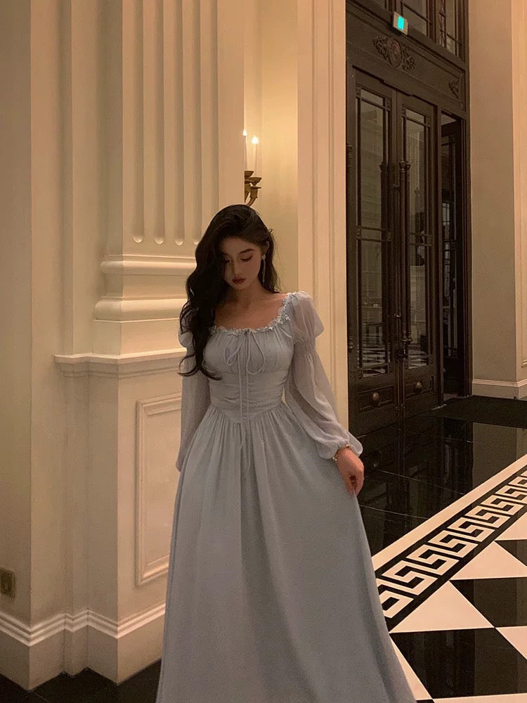 Stunning A Line Square Neckline Long Sleeves Chiffon Blue Date Night Dress Prom Dress Birthday Party Outfit Secondary image