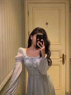 Stunning A Line Square Neckline Long Sleeves Chiffon Blue Date Night Dress Prom Dress Birthday Party Outfit
