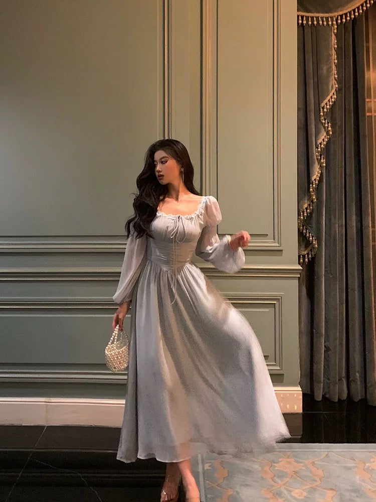 Stunning A Line Square Neckline Long Sleeves Chiffon Blue Date Night Dress Prom Dress Birthday Party Outfit