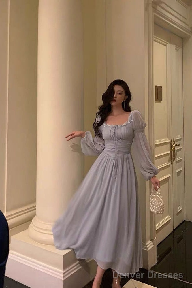 Stunning A Line Square Neckline Long Sleeves Chiffon Blue Date Night Dress Prom Dresses Birthday Party Outfit