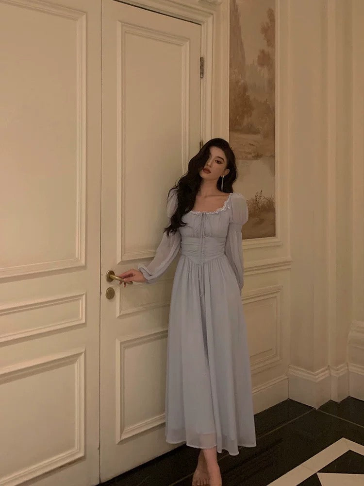 Stunning A Line Square Neckline Long Sleeves Chiffon Blue Date Night Dress Prom Dress Birthday Party Outfit