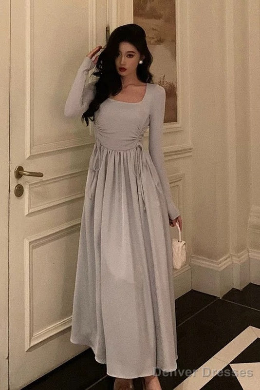 Stunning A Line Square Neckline Long Sleeves Date Night Dress Prom Dresses Birthday Outfit