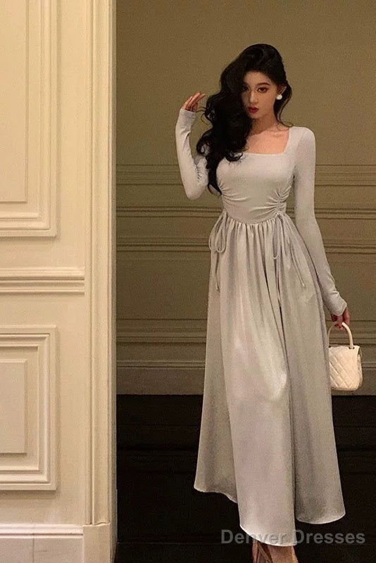 Stunning A Line Square Neckline Long Sleeves Date Night Dress Prom Dresses Birthday Outfit