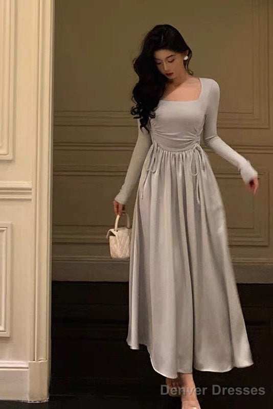 Stunning A Line Square Neckline Long Sleeves Date Night Dress Prom Dresses Birthday Outfit Main image