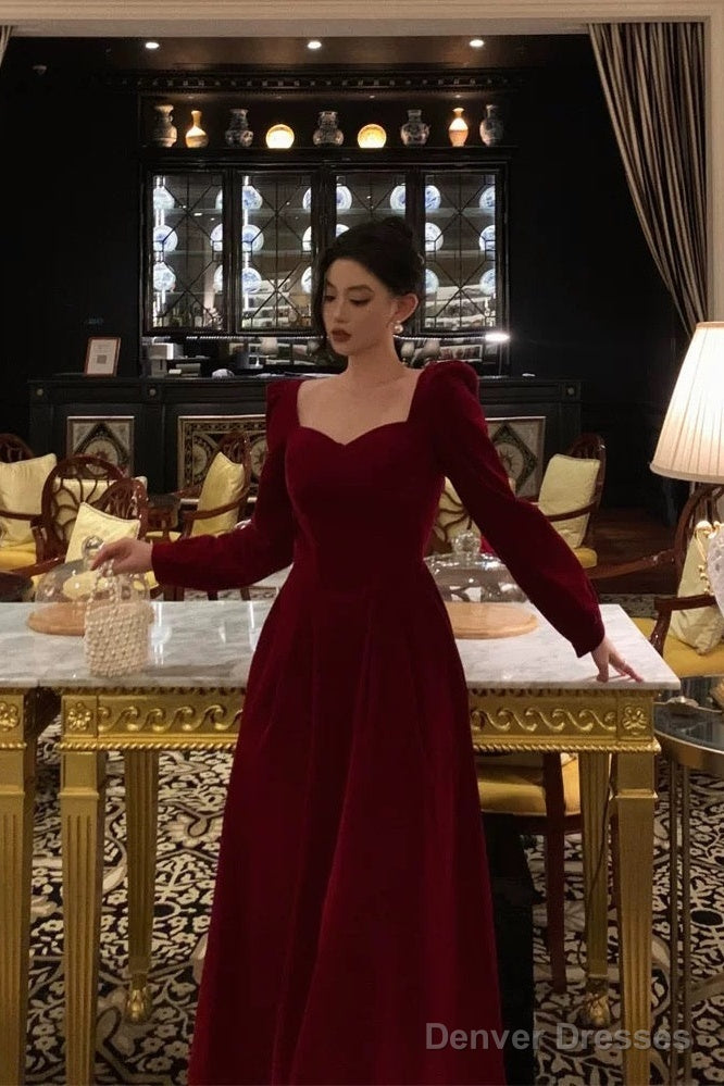 Stunning A Line Square Neckline Long Sleeves Red Velvet Date Night Dress Prom Dresses Birthday Party Outfit Secondary image