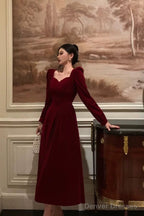 Stunning A Line Square Neckline Long Sleeves Red Velvet Date Night Dress Prom Dresses Birthday Party Outfit