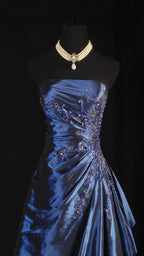Stunning Blue Strapless Beaded Long Prom Dress Evening Formal Dress