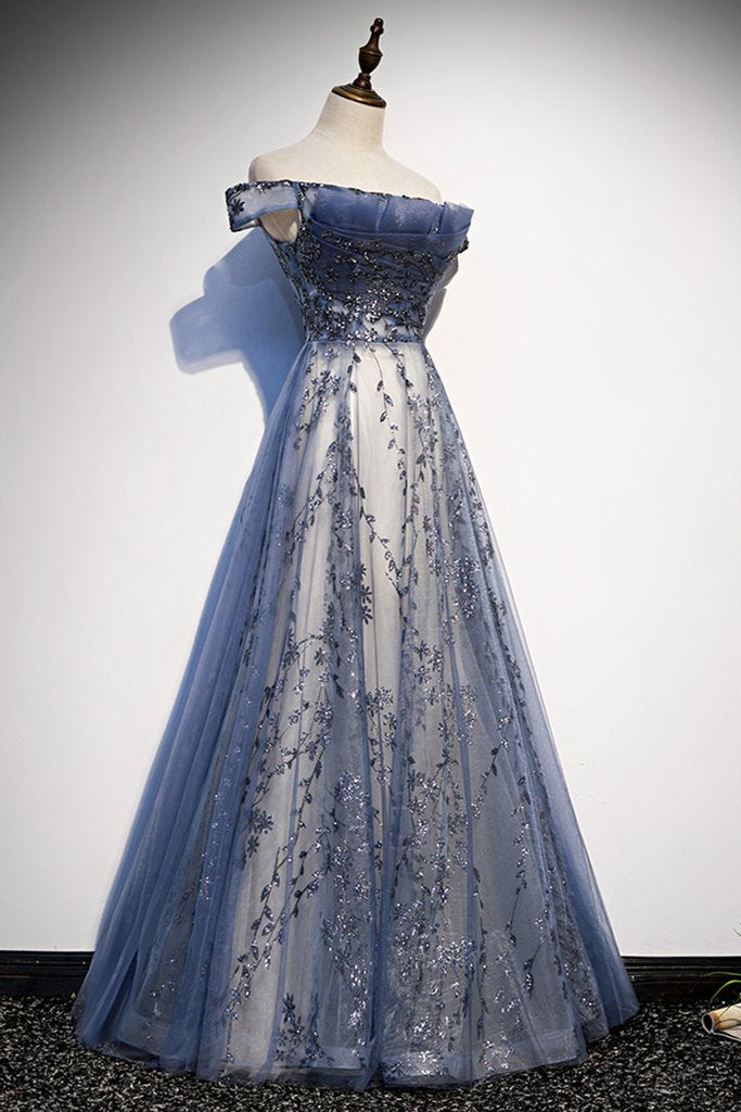 Stunning Blue Tulle Off Shoulder A Line Long Prom Dress, Evening Dress With Sleeve