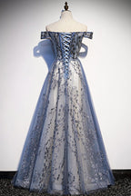 Stunning Blue Tulle Off Shoulder A Line Long Prom Dress, Evening Dress With Sleeve