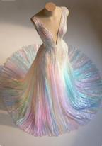 Stunning Colorful V-Neck A-Line Sequined Tulle Long Prom Dress