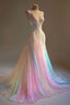 Stunning Colorful V-Neck A-Line Sequined Tulle Long Prom Dress