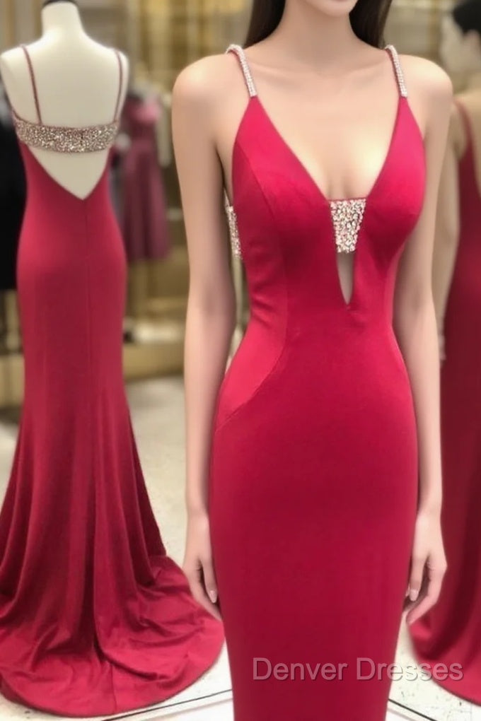Stunning Elegant Mermaid Sexy Spaghetti Straps Beaded Red Prom Dress,Charming Backless Evening Dress,Dance Dress Main image