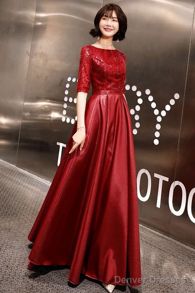 Stunning Evening Dresses Burgundy Half Sleeve Sequin Satin Floor Length Long Prom Gown Main image