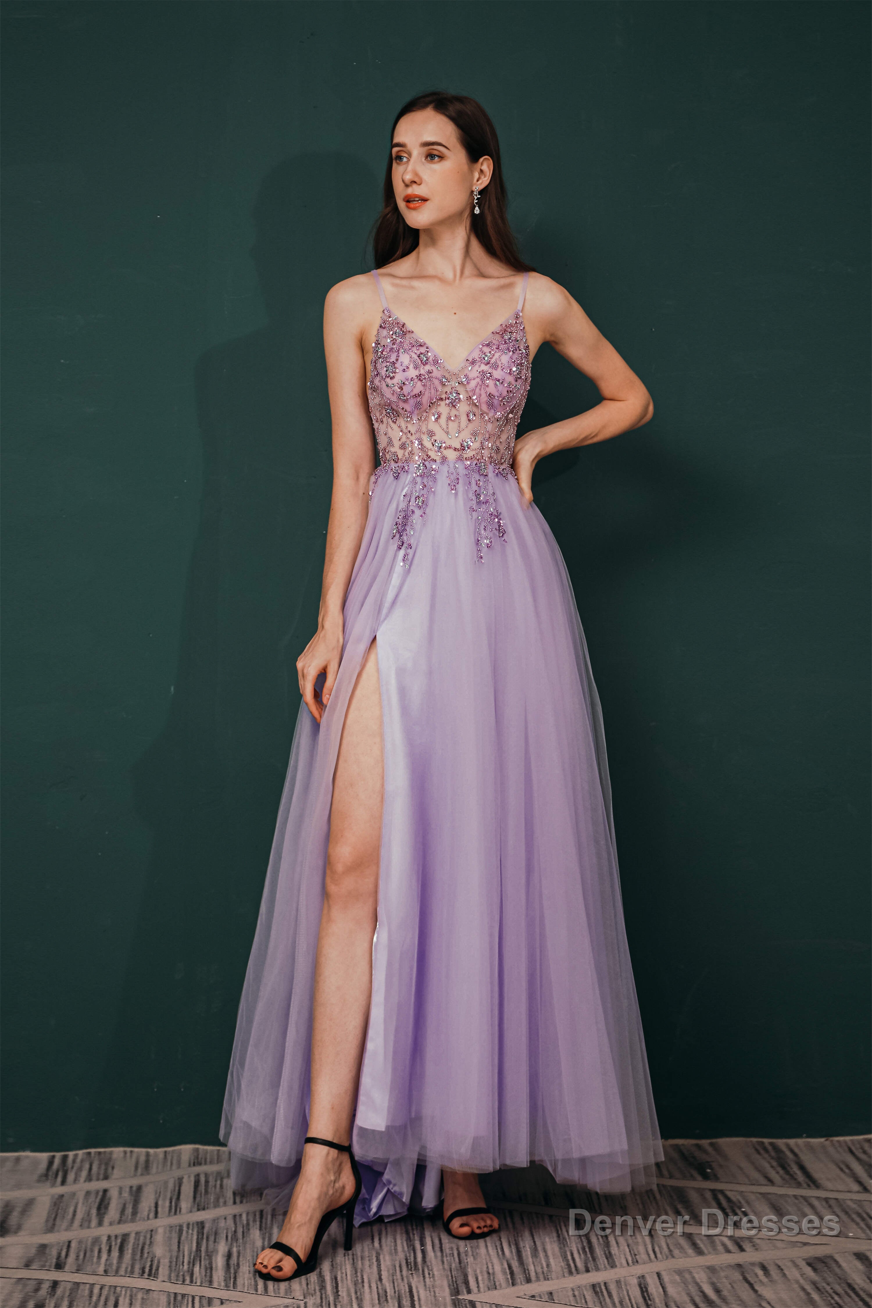 Stunning Front Split Spaghetti Straps Long A Line Beaded Prom Dresses Secondary image