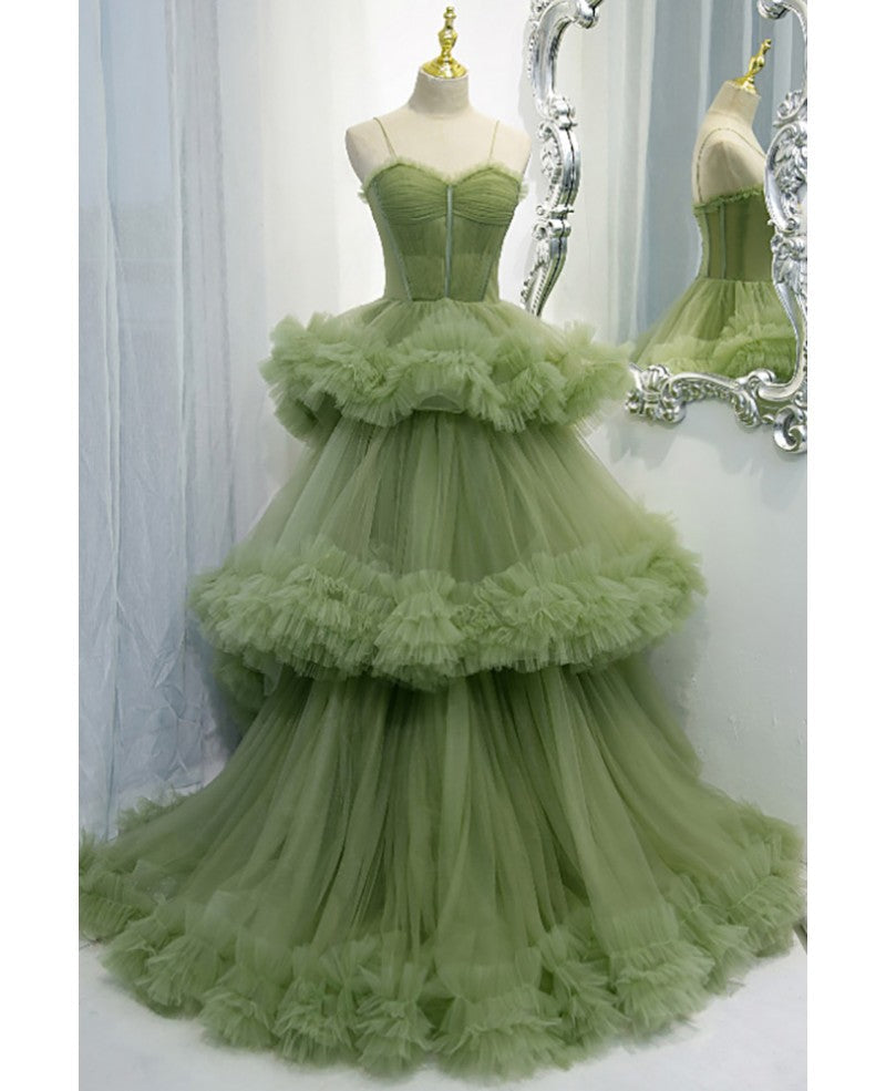 Stunning Green Tiered Pleated Tulle Formal Prom Dress With Straps Main image