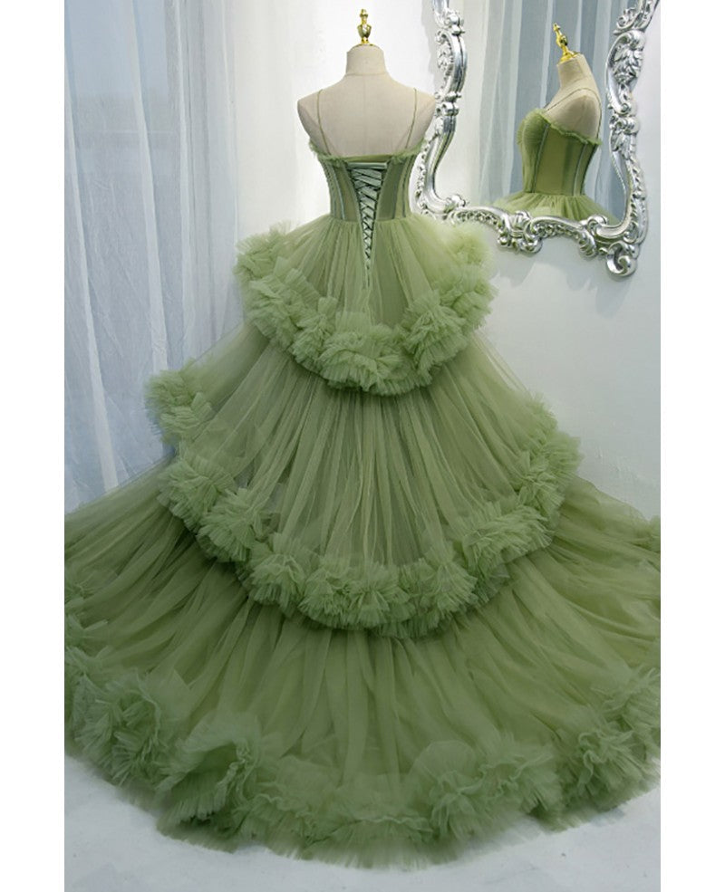 Stunning Green Tiered Pleated Tulle Formal Prom Dress With Straps Secondary image