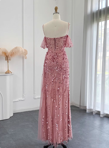Stunning Pink Spaghetti Strap Slit Sequin Tulle Long Prom Dress Evening Dress Secondary image