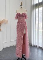 Stunning Pink Spaghetti Strap Slit Sequin Tulle Long Prom Dress Evening Dress