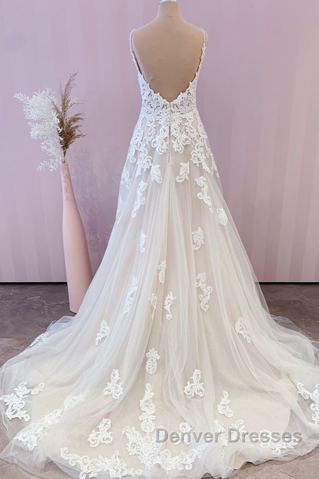 Stunning Long A-Line Spaghetti Straps Appliques Lace Tulle Wedding Dress Secondary image