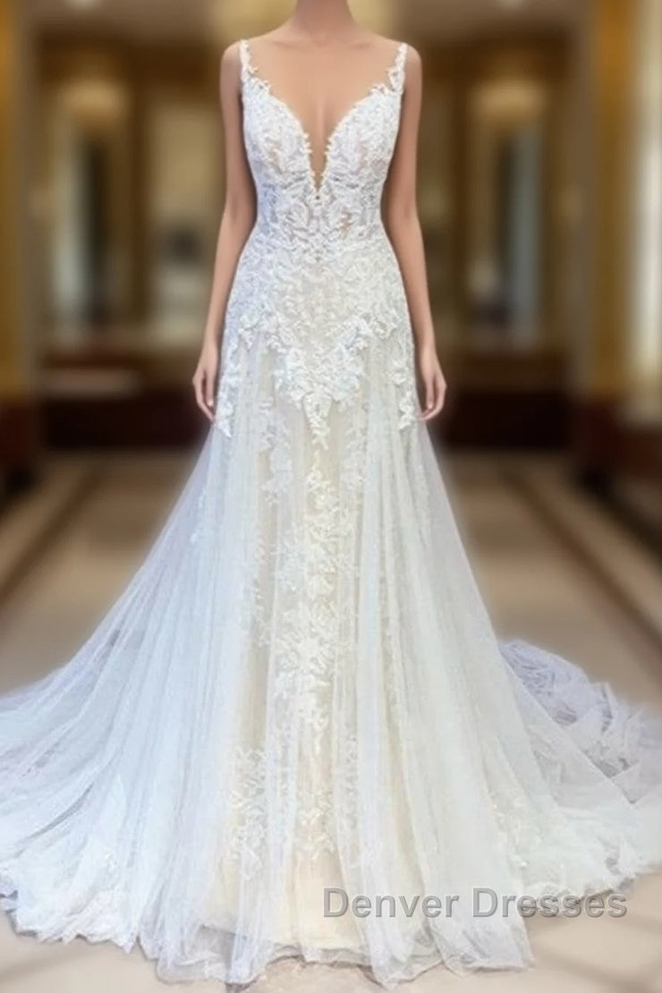 Stunning Long A-Line Tulle Sweetheart Appliques Lace Wedding Dress Main image