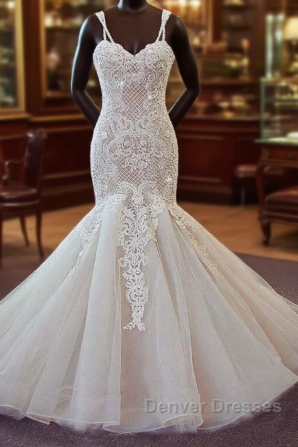 Stunning Long Mermaid Spaghetti Strap Lace Wedding Dress Main image