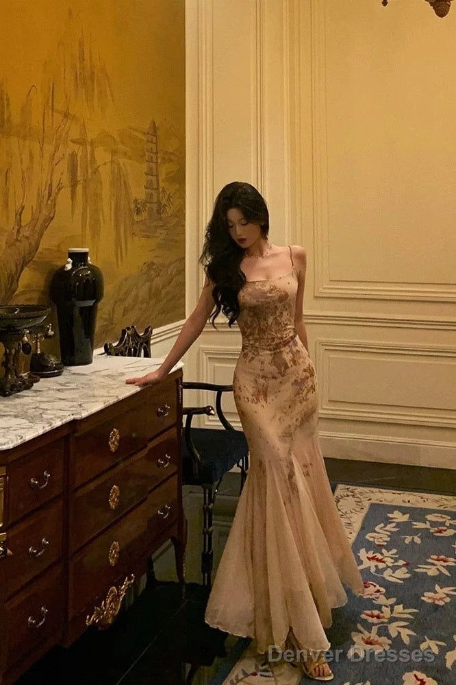 Stunning Mermaid Spaghetti Straps Champagne Floral Date Night Dress Prom Dresses Birthday Outfit Secondary image