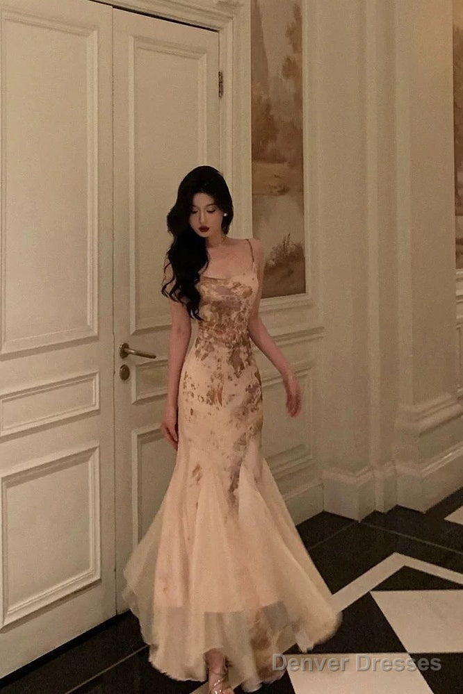 Stunning Mermaid Spaghetti Straps Champagne Floral Date Night Dress Prom Dresses Birthday Outfit