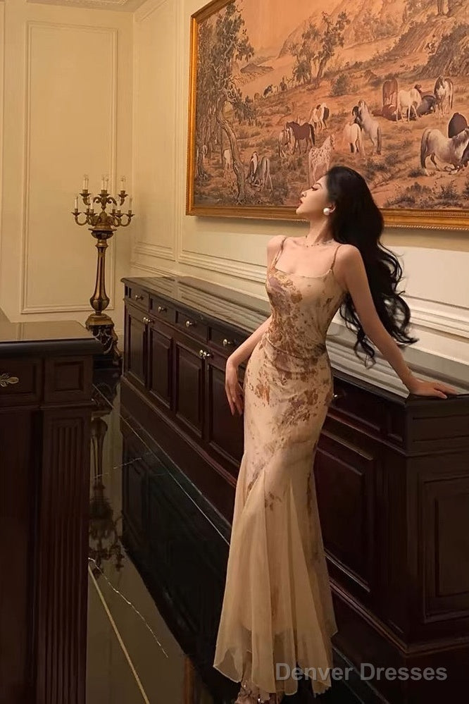 Stunning Mermaid Spaghetti Straps Champagne Floral Date Night Dress Prom Dresses Birthday Outfit Main image
