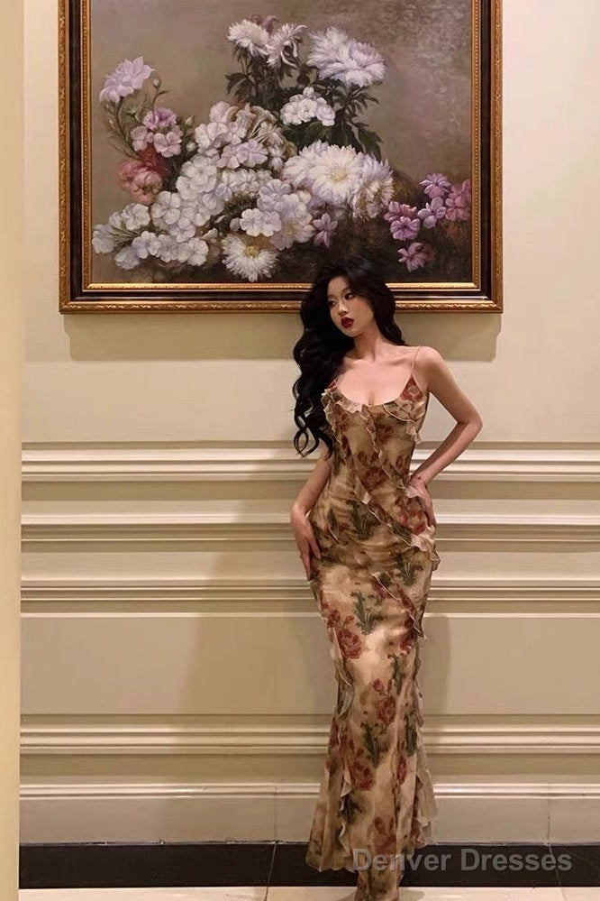 Stunning Mermaid Spaghetti Straps Floral Ruffles Long Prom Dresses Birthday Outfit Main image