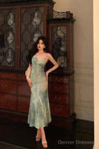 Stunning Mermaid Spaghetti Straps Green Lace Date Night Dress Prom Dresses Birthday Party Outfit