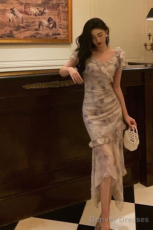 Stunning Mermaid V Neckline Short Sleeves Date Night Dress Prom Dresses Floral Birthday Party Outfit