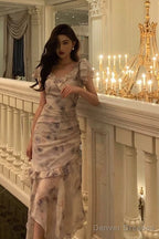 Stunning Mermaid V Neckline Short Sleeves Date Night Dress Prom Dresses Floral Birthday Party Outfit