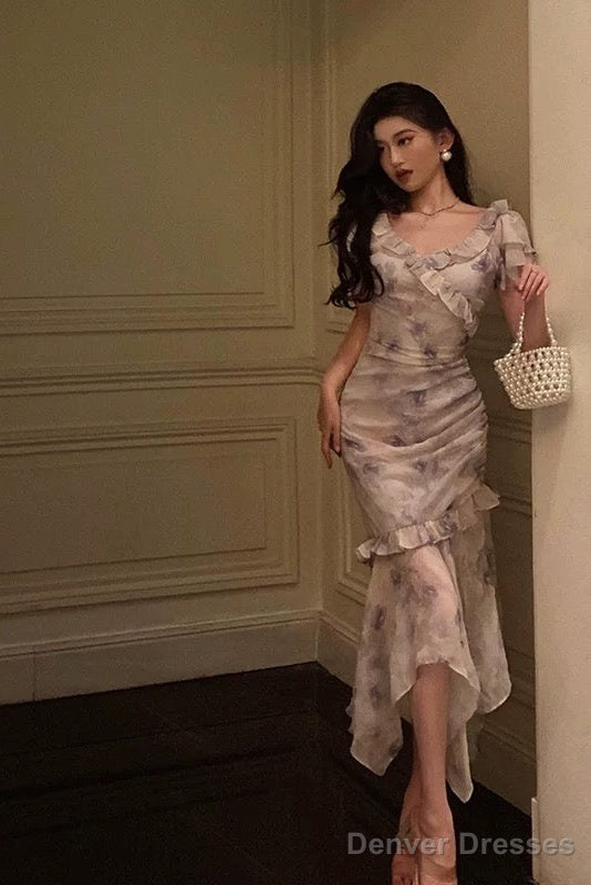 Stunning Mermaid V Neckline Short Sleeves Date Night Dress Prom Dresses Floral Birthday Party Outfit