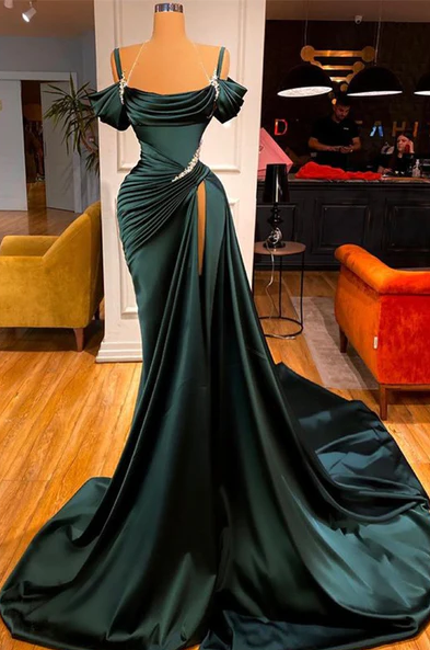 STUNNING OFF-THE-SHOULDER MERMAID PROM DRESS RUFFLES WITH HIGH SPLIT