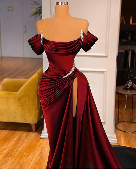 STUNNING OFF-THE-SHOULDER MERMAID PROM DRESS RUFFLES WITH HIGH SPLIT