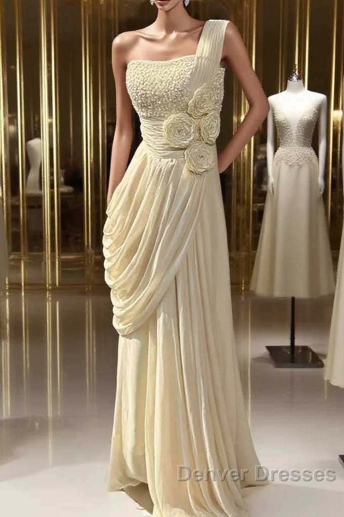 Stunning One Shoulder Beaded Sequin Chiffon Long Prom Dress Formal Evening Dress Simple Wedding Dress Main image