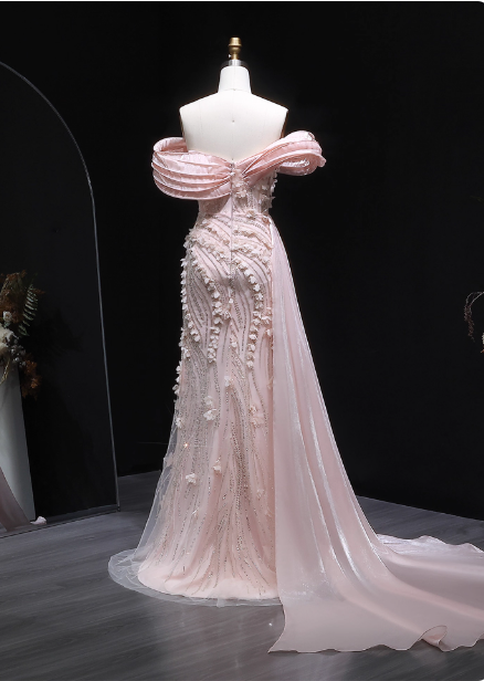 Stunning Pink Mermaid Train Off-The-Shoulder 3D Floral Satin Prom Dress Evening Dress