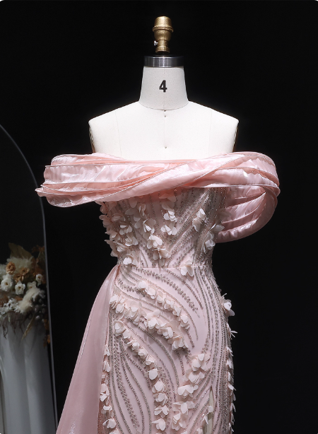 Stunning Pink Mermaid Train Off-The-Shoulder 3D Floral Satin Prom Dress Evening Dress