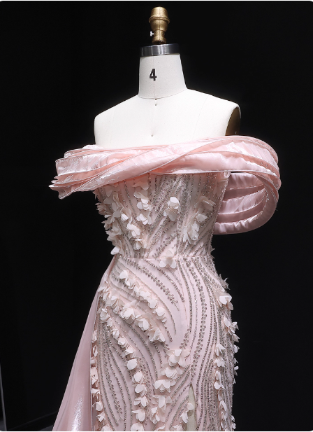 Stunning Pink Mermaid Train Off-The-Shoulder 3D Floral Satin Prom Dress Evening Dress