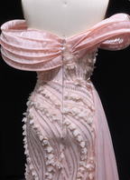 Stunning Pink Mermaid Train Off-The-Shoulder 3D Floral Satin Prom Dress Evening Dress