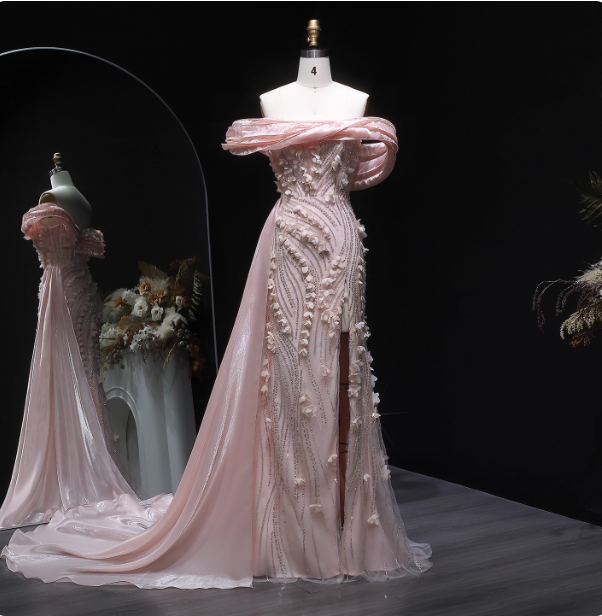 Stunning Pink Mermaid Train Off-The-Shoulder 3D Floral Satin Prom Dress Evening Dress Main image