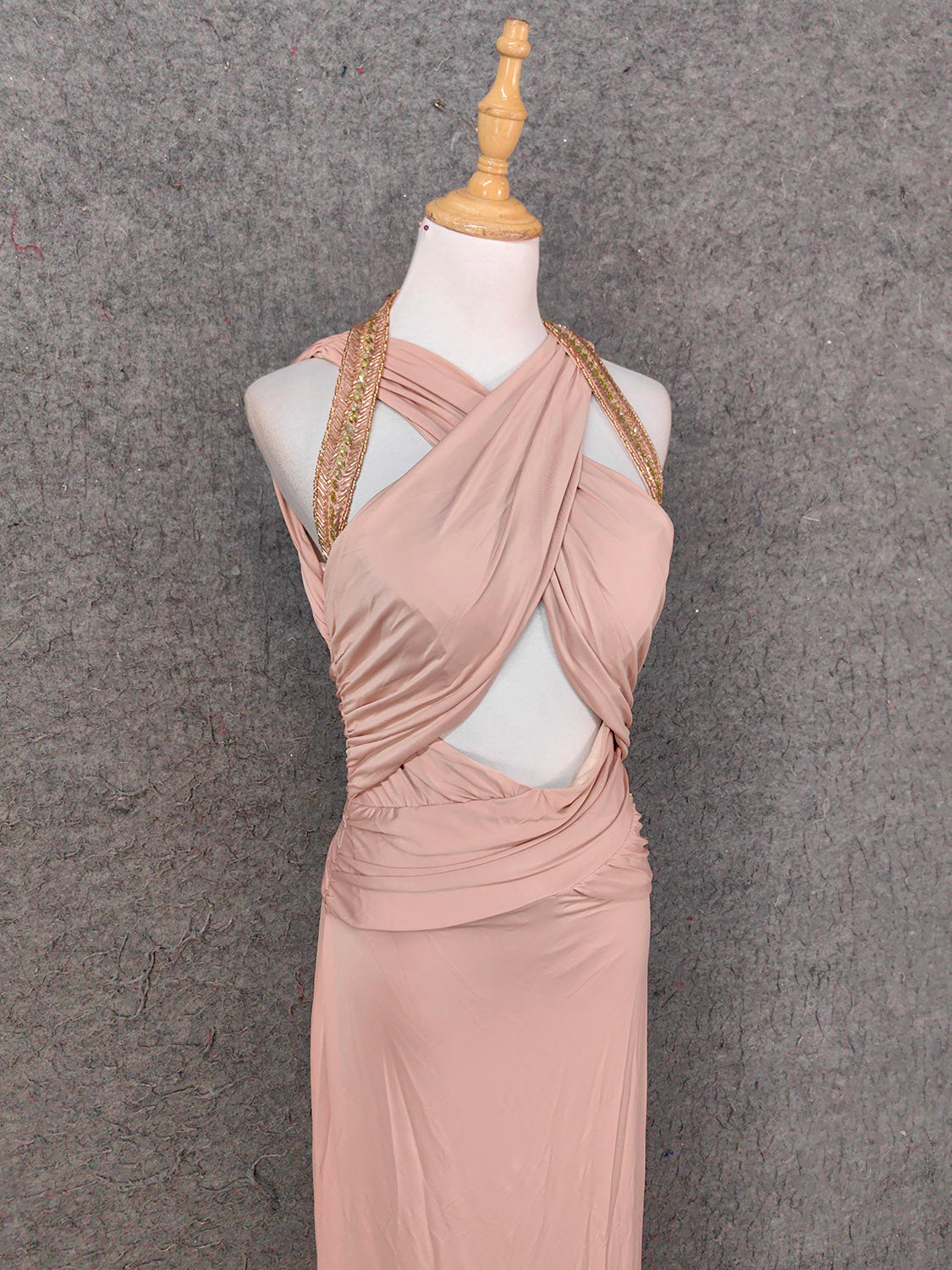 Stunning Pink Sleeveless Cross Neck Beaded Satin Long Prom Dress Evening Dress Secondary image