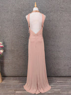 Stunning Pink Sleeveless Cross Neck Beaded Satin Long Prom Dress Evening Dress