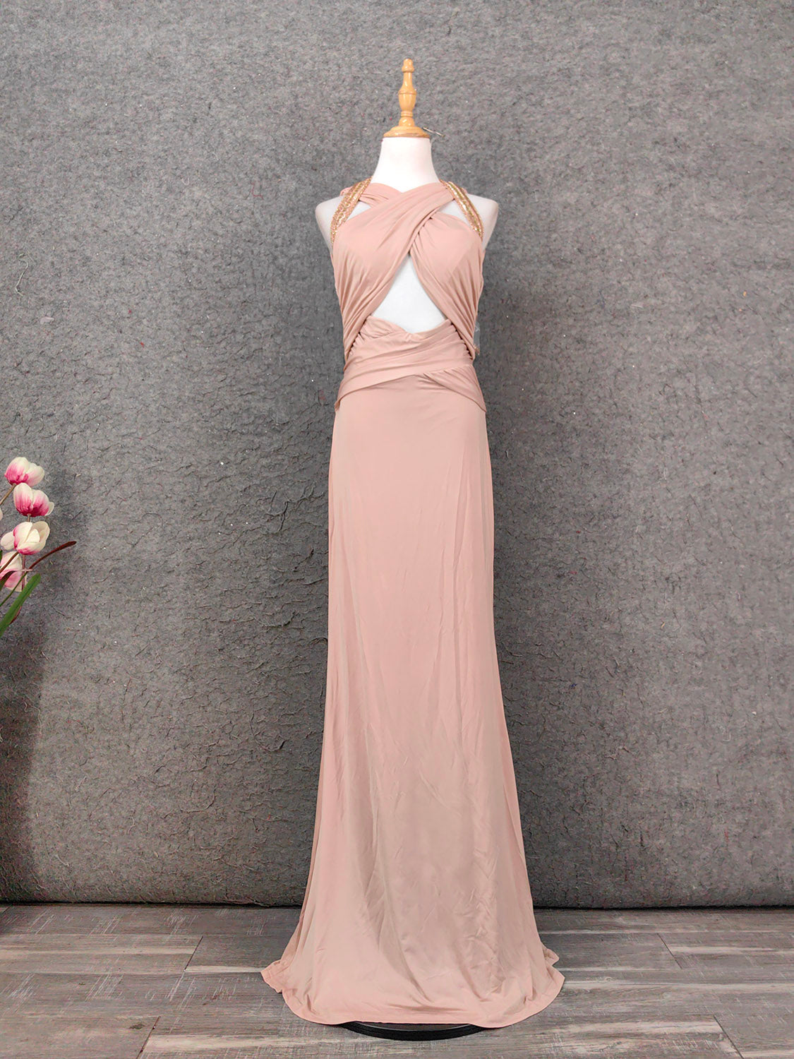 Stunning Pink Sleeveless Cross Neck Beaded Satin Long Prom Dress Evening Dress Main image