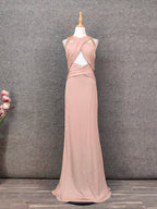 Stunning Pink Sleeveless Cross Neck Beaded Satin Long Prom Dress Evening Dress