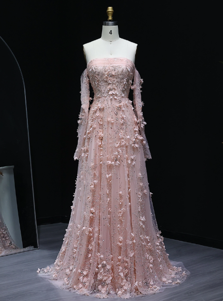 Stunning Pink Strapless 3D Floral Sequin Tulle Train Prom Dress Evening Dress Secondary image