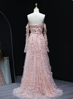 Stunning Pink Strapless 3D Floral Sequin Tulle Train Prom Dress Evening Dress